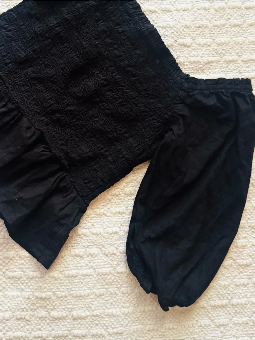 Loft Black Smocked Peplum Top with Square Neck and Puff Sleeve
